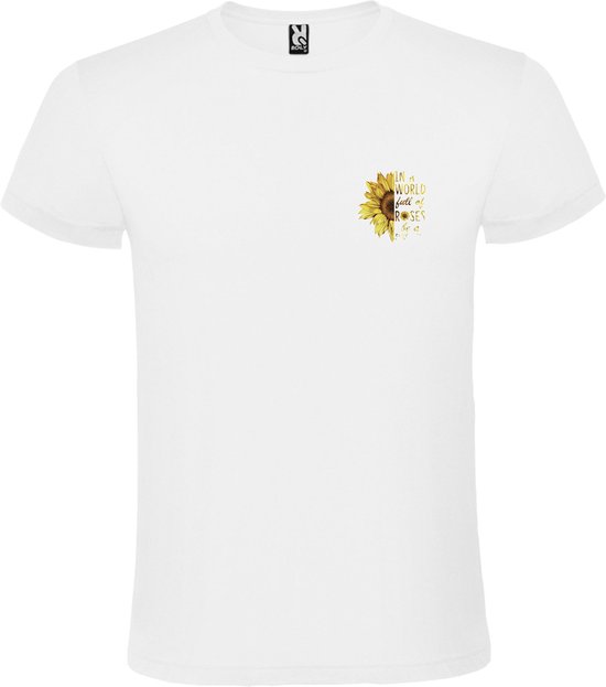 Wit t-shirt met kleine print met tekst 'In a World full of Roses be a Sunflower' size XS