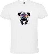 Wit t-shirt met grote print 'Mopshond met Zonnebril en Koptelefoon' size XS
