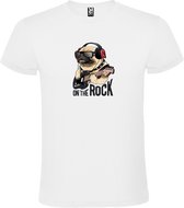 Wit t-shirt met grote print 'Mopshond met Zonnebril Gitaar en Koptelefoon' size XXL