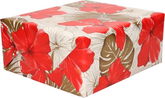 1x Rollen Inpakpapier/cadeaupapier creme met bloemen rood en goud 200 x 70 cm - Cadeauverpakking kadopapier