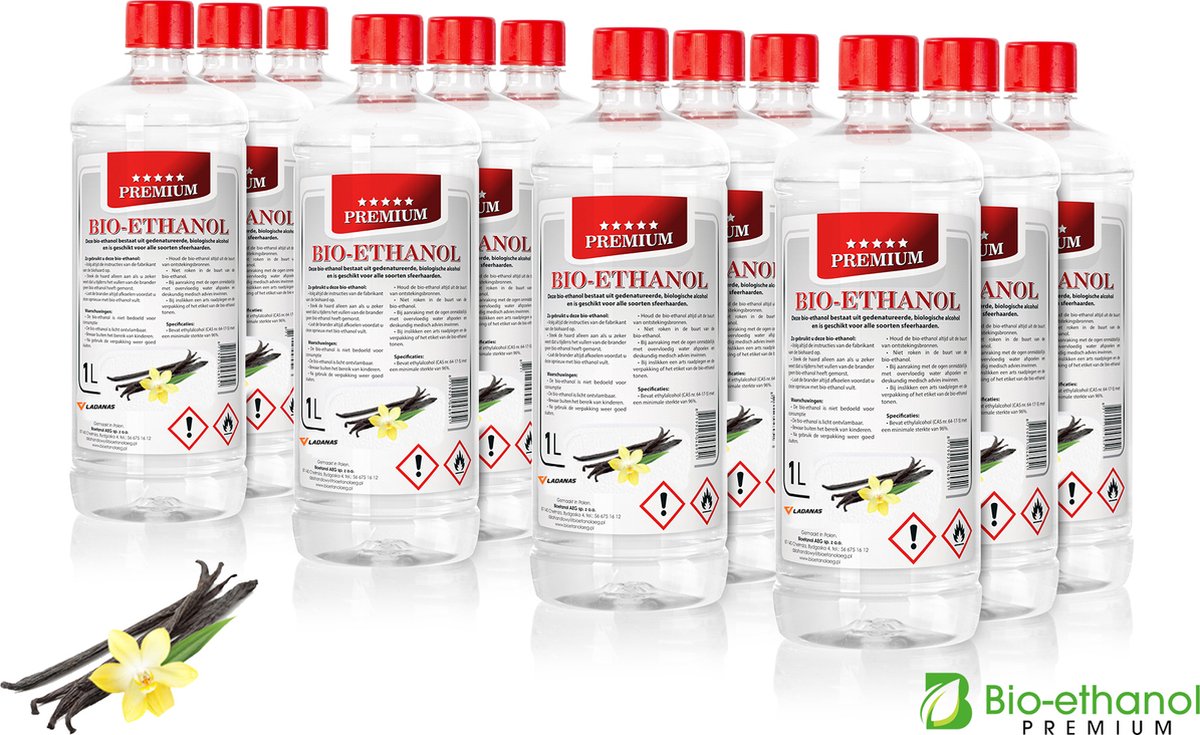Bio-Ethanol 12 x 1 Liter - PREMIUM - Vanillegeur - Bioethanol 96,6% - Biobrandstof