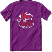 You Make My Heart Smile - Valentijn T-Shirt | Grappig Valentijnsdag Cadeautje voor Hem en Haar | Dames - Heren - Unisex | Kleding Cadeau | - Paars - XXL