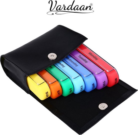 Vardaan Pillendoos in Pillenetui 7 Dagen 28 Rooster - 7 Gekleurde Dagdelingen - 7 Mini Pillendoosjes á 4 Compartimenten - Medicatie Doosjes met Lederen Etui - Pillen Organizer - Dag Aanduiding