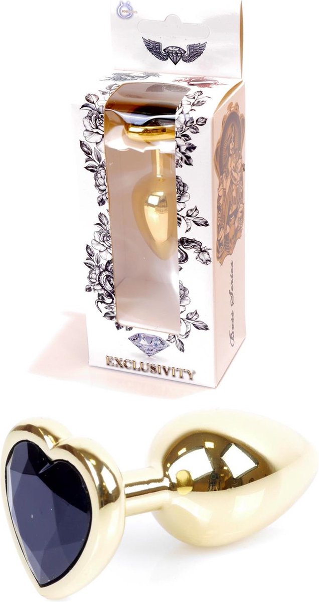 Goedkoopste Bossoftoys - Plug - Goud - anaal - Hartje - Zwart - gave cadeaubox