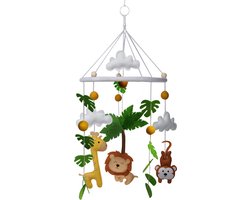 Kersvers - Box mobiel - Mobiel baby jongen - Dieren - Kraamcadeau - safari - Jungle - Leeuw - Giraffe - Aapje - Vilt - Wieg - Babykamer - zonder muziekarm - jungle speelgoed - jungle knuffel