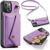 Casemania Hoesje Geschikt voor Apple iPhone 13 Mini Bright Lila - Luxe Back Cover met Koord - Wallet Case - Pasjeshouder