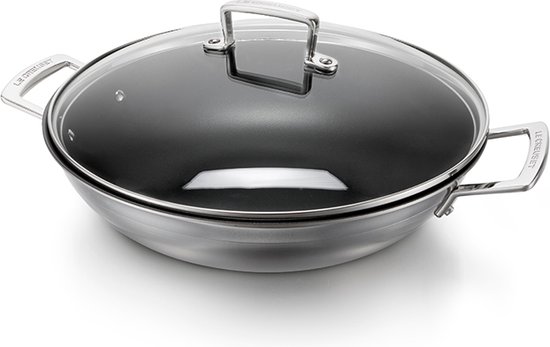 Le Creuset RVS wok met anti-aanbaklaag en glazen deksel 30cm 4,8l
