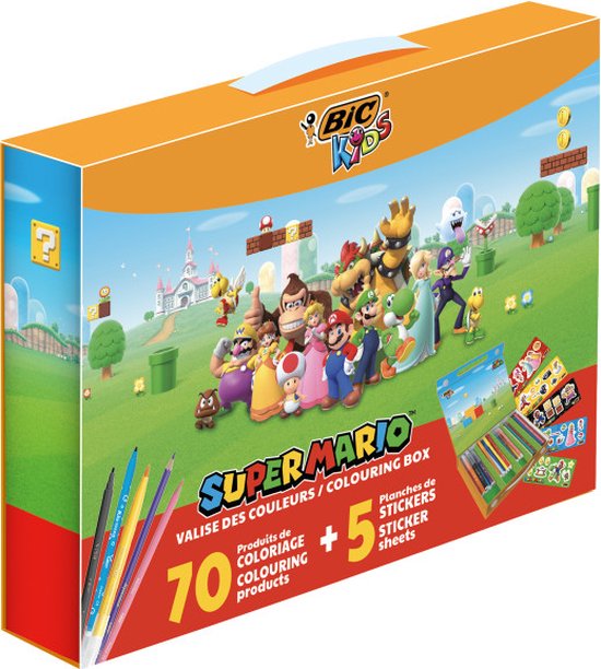 Foto: Bic kids super mario kleurdoos met kleurpotloden visaquarelle aquarelpotloden viltstiften en stickers verschillende kleuren herbruikbare doos van 70 stuks met 5 stickervellen