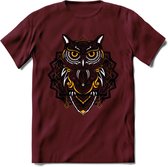 Uil - Dieren Mandala T-Shirt | Geel | Grappig Verjaardag Zentangle Dierenkop Cadeau Shirt | Dames - Heren - Unisex | Wildlife Tshirt Kleding Kado | - Burgundy - M