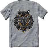 Uil - Dieren Mandala T-Shirt | Geel | Grappig Verjaardag Zentangle Dierenkop Cadeau Shirt | Dames - Heren - Unisex | Wildlife Tshirt Kleding Kado | - Donker Grijs - Gemaleerd - XL