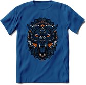 Wolf - Dieren Mandala T-Shirt | Oranje | Grappig Verjaardag Zentangle Dierenkop Cadeau Shirt | Dames - Heren - Unisex | Wildlife Tshirt Kleding Kado | - Donker Blauw - M