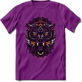 Wolf - Dieren Mandala T-Shirt | Oranje | Grappig Verjaardag Zentangle Dierenkop Cadeau Shirt | Dames - Heren - Unisex | Wildlife Tshirt Kleding Kado | - Paars - XXL