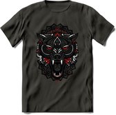 Wolf - Dieren Mandala T-Shirt | Rood | Grappig Verjaardag Zentangle Dierenkop Cadeau Shirt | Dames - Heren - Unisex | Wildlife Tshirt Kleding Kado | - Donker Grijs - XL