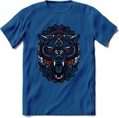 Wolf - Dieren Mandala T-Shirt | Rood | Grappig Verjaardag Zentangle Dierenkop Cadeau Shirt | Dames - Heren - Unisex | Wildlife Tshirt Kleding Kado | - Donker Blauw - 3XL