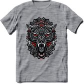 Wolf - Dieren Mandala T-Shirt | Rood | Grappig Verjaardag Zentangle Dierenkop Cadeau Shirt | Dames - Heren - Unisex | Wildlife Tshirt Kleding Kado | - Donker Grijs - Gemaleerd - S