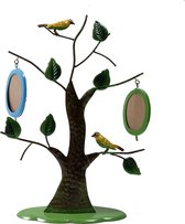 Boom met fotoframe - 2 x fotolijstje ovaal - decoratieve boom - gele vogel - metaal - groen - circe 40 cm hoog