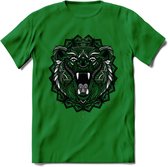 Beer - Dieren Mandala T-Shirt | Grijs | Grappig Verjaardag Zentangle Dierenkop Cadeau Shirt | Dames - Heren - Unisex | Wildlife Tshirt Kleding Kado | - Donker Groen - 3XL