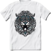 Tijger - Dieren Mandala T-Shirt | Blauw | Grappig Verjaardag Zentangle Dierenkop Cadeau Shirt | Dames - Heren - Unisex | Wildlife Tshirt Kleding Kado | - Wit - XXL