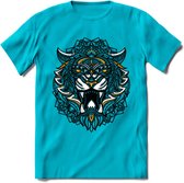 Tijger - Dieren Mandala T-Shirt | Geel | Grappig Verjaardag Zentangle Dierenkop Cadeau Shirt | Dames - Heren - Unisex | Wildlife Tshirt Kleding Kado | - Blauw - L