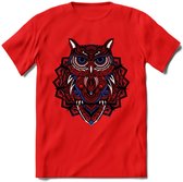 Uil - Dieren Mandala T-Shirt | Donkerblauw | Grappig Verjaardag Zentangle Dierenkop Cadeau Shirt | Dames - Heren - Unisex | Wildlife Tshirt Kleding Kado | - Rood - XXL