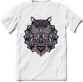Uil - Dieren Mandala T-Shirt | Roze | Grappig Verjaardag Zentangle Dierenkop Cadeau Shirt | Dames - Heren - Unisex | Wildlife Tshirt Kleding Kado | - Wit - L