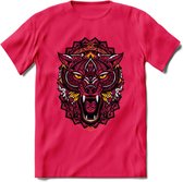 Wolf - Dieren Mandala T-Shirt | Geel | Grappig Verjaardag Zentangle Dierenkop Cadeau Shirt | Dames - Heren - Unisex | Wildlife Tshirt Kleding Kado | - Roze - XL