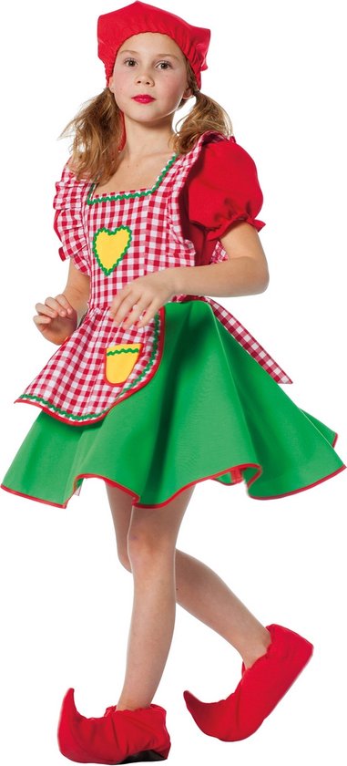 Wilbers & Wilbers - Dwerg & Kabouter Kostuum - Vrolijk Kaboutermeisje Sprookjesbos Kostuum - Rood, Groen, Multicolor - Maat 152 - Carnavalskleding - Verkleedkleding