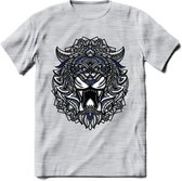 Tijger - Dieren Mandala T-Shirt | Donkerblauw | Grappig Verjaardag Zentangle Dierenkop Cadeau Shirt | Dames - Heren - Unisex | Wildlife Tshirt Kleding Kado | - Licht Grijs - Gemale