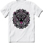 Beer - Dieren Mandala T-Shirt | Roze | Grappig Verjaardag Zentangle Dierenkop Cadeau Shirt | Dames - Heren - Unisex | Wildlife Tshirt Kleding Kado | - Wit - 3XL