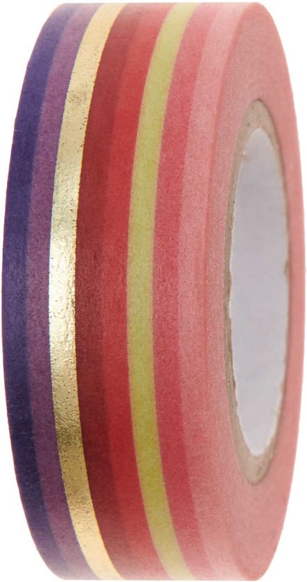 Rol washi-tape met verticale strepen in tinten paars, rood, roze en een gouden lijn.