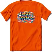 Love Wins | Pride T-Shirt | Grappig LHBTIQ+ / LGBTQ / Gay / Homo / Lesbi Cadeau Shirt | Dames - Heren - Unisex | Tshirt Kleding Kado | - Oranje - S