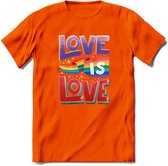 Love Is Love | Pride T-Shirt | Grappig LHBTIQ+ / LGBTQ / Gay / Homo / Lesbi Cadeau Shirt | Dames - Heren - Unisex | Tshirt Kleding Kado | - Oranje - S