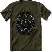 Leeuw - Dieren Mandala T-Shirt | Grijs | Grappig Verjaardag Zentangle Dierenkop Cadeau Shirt | Dames - Heren - Unisex | Wildlife Tshirt Kleding Kado | - Leger Groen - L