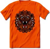 Beer - Dieren Mandala T-Shirt | Rood | Grappig Verjaardag Zentangle Dierenkop Cadeau Shirt | Dames - Heren - Unisex | Wildlife Tshirt Kleding Kado | - Oranje - XL