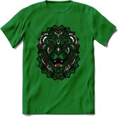 Leeuw - Dieren Mandala T-Shirt | Rood | Grappig Verjaardag Zentangle Dierenkop Cadeau Shirt | Dames - Heren - Unisex | Wildlife Tshirt Kleding Kado | - Donker Groen - 3XL