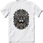 Leeuw - Dieren Mandala T-Shirt | Geel | Grappig Verjaardag Zentangle Dierenkop Cadeau Shirt | Dames - Heren - Unisex | Wildlife Tshirt Kleding Kado | - Wit - L