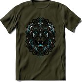 Leeuw - Dieren Mandala T-Shirt | Lichtblauw | Grappig Verjaardag Zentangle Dierenkop Cadeau Shirt | Dames - Heren - Unisex | Wildlife Tshirt Kleding Kado | - Leger Groen - M