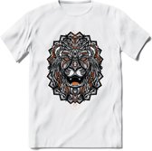 Leeuw - Dieren Mandala T-Shirt | Oranje | Grappig Verjaardag Zentangle Dierenkop Cadeau Shirt | Dames - Heren - Unisex | Wildlife Tshirt Kleding Kado | - Wit - XL