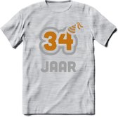 34 Jaar Feest T-Shirt | Goud - Zilver | Grappig Verjaardag Cadeau Shirt | Dames - Heren - Unisex | Tshirt Kleding Kado | - Licht Grijs - Gemaleerd - XXL