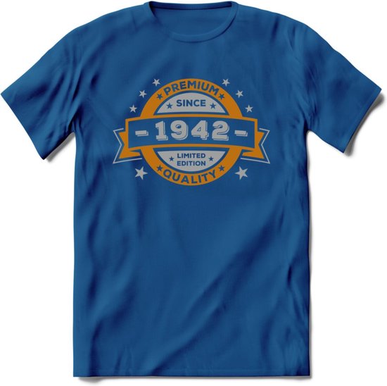 Premium Since 1942 T-Shirt | Zilver - Goud | Grappig Verjaardag en Feest Cadeau Shirt | Dames - Heren - Unisex | Tshirt Kleding Kado | - Donker Blauw - S