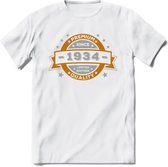 Premium Since 1934 T-Shirt | Zilver - Goud | Grappig Verjaardag en Feest Cadeau Shirt | Dames - Heren - Unisex | Tshirt Kleding Kado | - Wit - 3XL