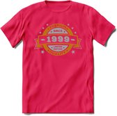 Premium Since 1999 T-Shirt | Zilver - Goud | Grappig Verjaardag en Feest Cadeau Shirt | Dames - Heren - Unisex | Tshirt Kleding Kado | - Roze - L