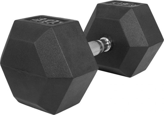 Zwarte zeshoekige rubberen halter van 30 kg met een metalen, gekartelde greep.