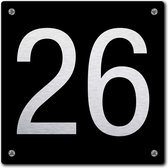 Huisnummerbord - huisnummer 26 - zwart - 12 x 12 cm - rvs look - schroeven - naambordje - nummerbord  - voordeur