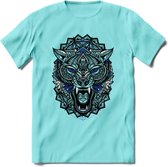 Wolf - Dieren Mandala T-Shirt | Donkerblauw | Grappig Verjaardag Zentangle Dierenkop Cadeau Shirt | Dames - Heren - Unisex | Wildlife Tshirt Kleding Kado | - Licht Blauw - XL