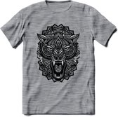 Wolf - Dieren Mandala T-Shirt | Grijs | Grappig Verjaardag Zentangle Dierenkop Cadeau Shirt | Dames - Heren - Unisex | Wildlife Tshirt Kleding Kado | - Donker Grijs - Gemaleerd - S