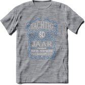 80 Jaar Legendarisch Gerijpt T-Shirt | Blauw - Grijs | Grappig Verjaardag en Feest Cadeau Shirt | Dames - Heren - Unisex | Tshirt Kleding Kado | - Donker Grijs - Gemaleerd - M