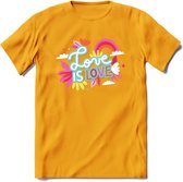 Love is Love | Pride T-Shirt | Grappig LHBTIQ+ / LGBTQ / Gay / Homo / Lesbi Cadeau Shirt | Dames - Heren - Unisex | Tshirt Kleding Kado | - Geel - 3XL