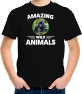 T-shirt gorilla - zwart - kinderen - amazing wild animals - cadeau shirt gorilla / gorilla apen liefhebber L (146-152)