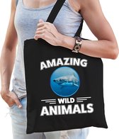 Katoenen tasje haai - zwart - volwassen + kind - amazing wild animals - boodschappentas/ gymtas/ sporttas - haaien fan